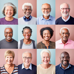 Fototapeta na wymiar Photo collage portrait of multiracial smiling senior people with different ages looking at camera. Mosaic of happy elderly faces. 