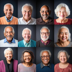 Fototapeta premium Photo collage portrait of multiracial smiling senior people with different ages looking at camera. Mosaic of happy elderly faces. 