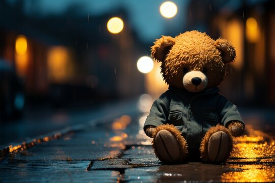 Rainy night, a forlorn teddy bear sits, a touch of melancholy