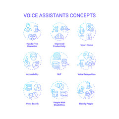 2D gradient icons set representing voice assistants concepts, isolated vector, thin line blue illustration.