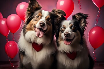 Fototapeta na wymiar Two Border Collies share heart shaped balloon a display of canine affection