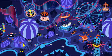 Childish amusement park at night. Fun summer evening on carnival, lights of attractions, carousel. Family recreation, leisure on funfair. People ride on rollercoaster, wheel. Flat vector illustration - obrazy, fototapety, plakaty