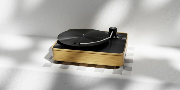 3D Render Old Wood Base Vinyl Record Player 