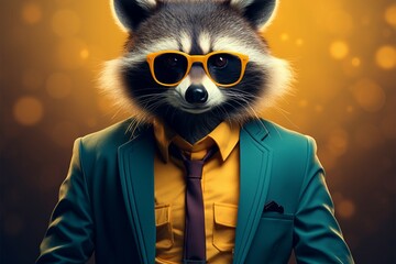 Vintage raccoon cartoon, stylish in blue suit, big glasses attire - obrazy, fototapety, plakaty