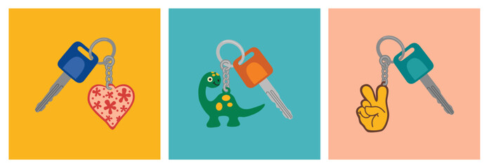 Set of keys with various key chains. Accessories, pendants on chains with rings. Hand drawn vector illustration isolated on colored background. Modern flat cartoon style.