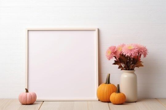 picture frame with pink hue autumn flowers and pumpkin on a wood shelf against a white wall