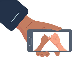 The concept of love and teamwork. Two hands hold each other. Symbol of happy partnership, success, childhood, friendship. Flat design. Vector. smartphone