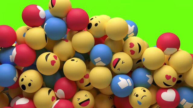 Editorial footage: Animation of falling and filling screen yellow balls with any emotion of emoji at Green screen background. 4K animation