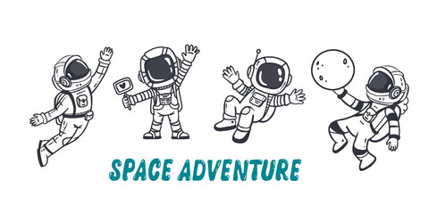 set of cartoon astronauts isolated on white background. Doodle style, for book and magazins. Coloring page.