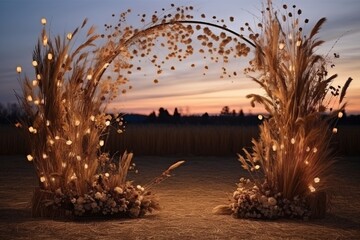 huge aesthetic ethnic arc made of wooden sticks dry flowers and wheat decorated with light garland