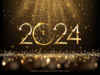 2024 Happy New Year clock countdown background. Gold glitter shining in light with sparkles abstract celebration. Greeting festive card vector illustration. Merry holiday poster or wallpaper design