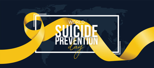 World Suicide prevention day text in white frame with yellow ribbon awareness sign roll around frame on dark world map background vector design - obrazy, fototapety, plakaty