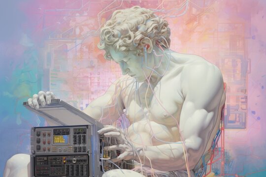 titan ancient greek prometheus chained to a cyberpunk computer chip 