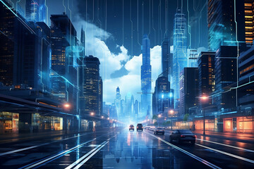 AI-Powered Cityscape: Depict a futuristic cityscape illuminated by AI-generated lights and digital billboards, city skyline at night, Glimpse the AI-Powered Cityscape: Depict a futuristic cityscape 