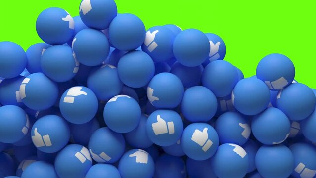 Editorial footage: Animation of falling and filling screen blue balls with like emotion of emoji at Green screen background. 4K animation