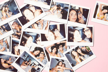 Friends having fun scattered polaroids
