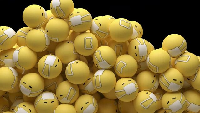 Editorial footage: Animation of falling and filling screen yellow balls with medical emotion of emoji at black background. 4K animation
