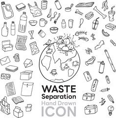 Waste separation hand drawn icon set. Earth with garbage and waste line drawn illustration environmental concept design eps.