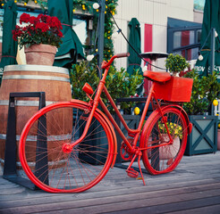 Fototapeta na wymiar Red bicycles Camera Kiev 60 TTL Volna 80mm 2.8 Film Kodak Ektar 100