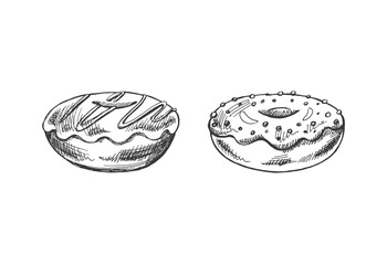 A hand-drawn sketch of a set of donuts. Top view. Vintage illustration. Pastry sweets, dessert. Element for the design of labels, packaging and postcards.