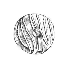 A hand-drawn sketch of donut. Vintage illustration. Pastry sweets, dessert. Element for the design of labels, packaging and postcards.