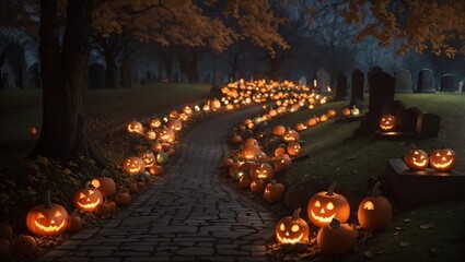 Eerie pumpkin glow among ancient tombstones in moonlit graveyard for halloween concept
