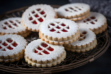 Linzer Cookie, jam filled delight with intricate lattice and powdered sugar