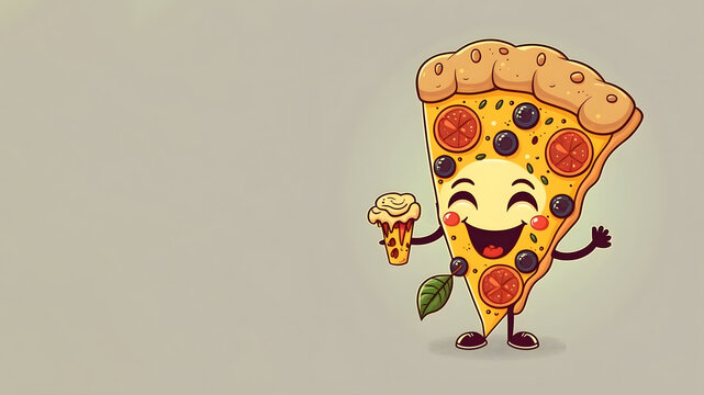 3d funny cartoon slice of pizza with ice cream in hand. Happy pizza on minimalistic background