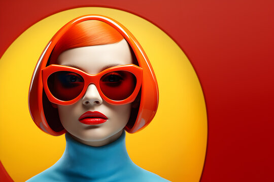 Fashion editorial Concept. Closeup portrait of stunning beautiful woman with conceptual big sunglasses in retro futuristic mod bright background. illuminated with dynamic composition dramatic lighting