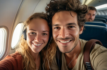 Happy tourist taking selfie inside airplane - Cheerful couple on summer vacation - Passengers boarding on plane - Holidays and transportation concept. Model by AI generative