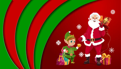 Fototapeta premium Christmas paper cut cartoon Santa and gnome with gifts. Xmas celebration 3d banner or paper cut vector backdrop. Winter holiday or New Year papercut background with cheerful elf and Santa Claus gifts