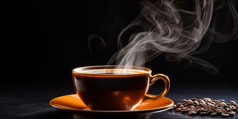 Refreshing Cup of hot Coffee on a table isolated on black background, copy space, cozy warm mood