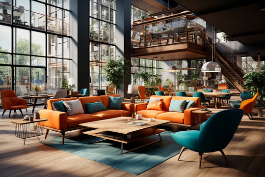 Hotel architecture building with flexible workspaces, open meeting areas