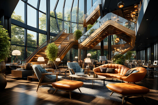 Hotel architecture building with flexible workspaces, open meeting areas