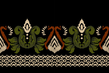 Ikat floral paisley embroidery on black background.Ikat ethnic oriental pattern traditional.Aztec style abstract vector illustration.Seamless pattern in tribal, folk embroidery, and Mexican style.