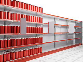 Box with red color cans, packages mockup, Shelf-stoppers in supermarket, Banner hangging in store, 3D rendering