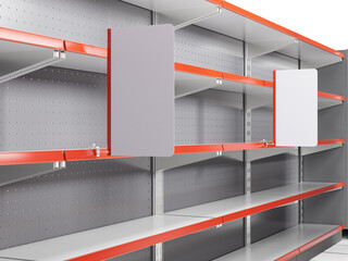 Shelf-stoppers in supermarket, Banner attached to empty shelves in store, 3D rendering