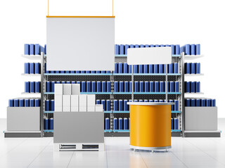 Set of shelves with blue cans, Banner mockup, Shelf-stoppers in supermarket, 3D rendering