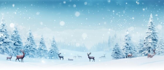 reindeers in Winter panoramic background with snow-covered fir branches and snowfall flakes. Christmas banner