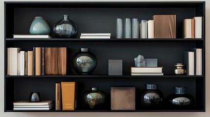 Modern Minimalist Bookshelf with books, vase and decorative element