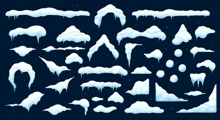Cartoon christmas snow and ice caps with icicles. Isolated vector set of snowballs and snowdrifts. Winter snowy decoration elements. Long and short icy roof framing, window corners, piles and stripes - obrazy, fototapety, plakaty