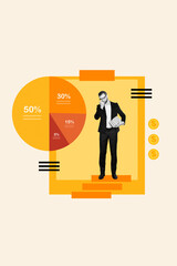 Collage illustration of young confident businessman worker holding documents round diagram percentage funds isolated on beige background