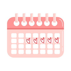 Pink Menstrual calendar with hearts in cartoon style. Women Health. Calendar for menstruation control and pregnancy planning. Period schedule with marked days. Cycle and PMS tracker.