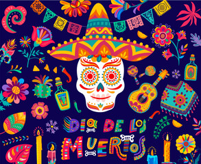 Dia De Los Muertos mexican holiday flyer with calavera sugar skull, candles, guitar and tropical flowers. Vector Day of the Dead or Mexico Halloween holiday pattern with sombrero hat, maracas, tequila