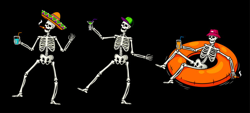 Halloween skeletons relaxing and drinking cocktails, funny cartoon vector characters. Halloween holiday skeletons dancing with drinks in sombrero hat or relax in summer swimming in water ring