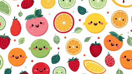 motifs fruits smileys sur fond blanc, illustration ia générative