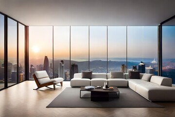 Modern living room interior with a panoramic window overlooking the city