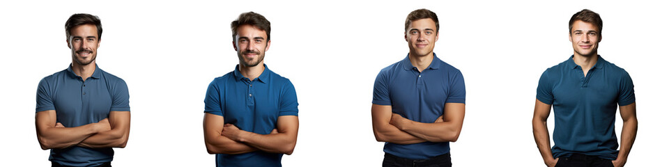 Fototapeta premium Young Caucasian man isolated on transparent background standing in a blue polo shirt smiling and posing with crossed arms looking directly at the camera