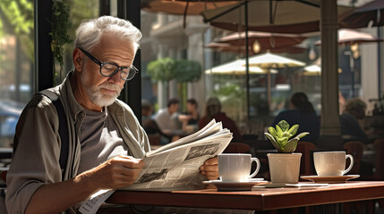 morning routine. man reading newspaper in cafeteria and drinking coffee
