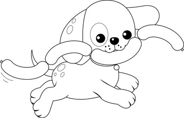 A cute playful dog running with sausages on his mouth. Vector black and white coloring page.